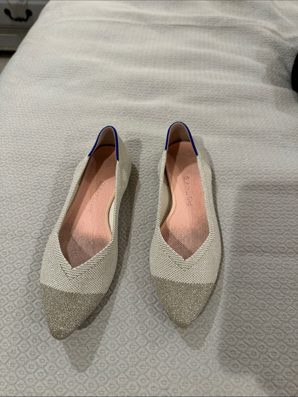 Rothy size 7 Pointed Knit Ballet Flats with Glitter Toe - Cream